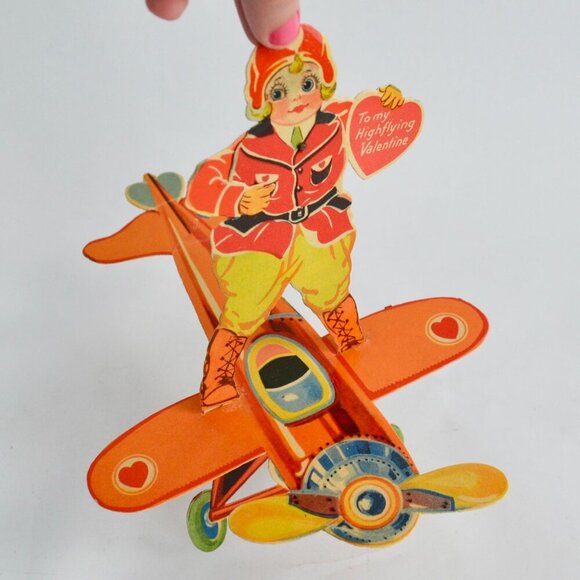Vintage 1920s 1930s Mechanical Articulating Valentine Card Airplane Pilot - Picture 9 of 10